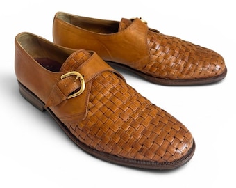 Bruno Magli Linea Uomo Tan Woven Leather Monk Strap Loafers Made in Italy Size 9