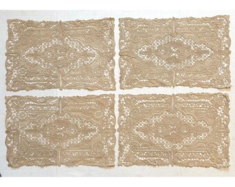 Vintage Tan Needle Lace Placemats Set of 4 Scalloped Floral Rectangular