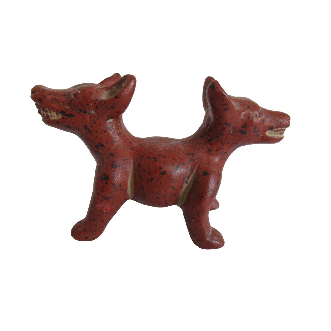 Rare Pre-columbian Redware Colima Dog 2 Headed Figurine Replica 3.5