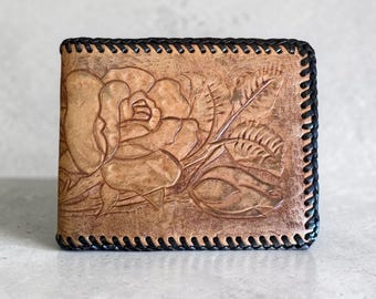 Vintage Hand Tooled Leather Rose Bifold Wallet Western Whipstitch Tan Brown
