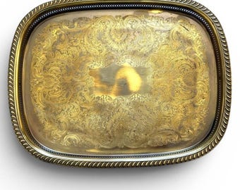 Vintage Large Brass Pierced Gallery Serving Tray Etched Floral Scroll 23x18