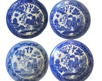 Juego de 4 platillos vintage Blue Willow, azul y blanco, estilo chinoiserie, Japón, 14 cm (5,5 pulgadas)