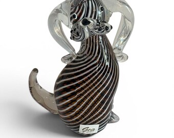 Figura de perro a rayas marrones y blancas de Gca Art Glass, escultura de vidrio soplado a mano de 6 pulgadas.