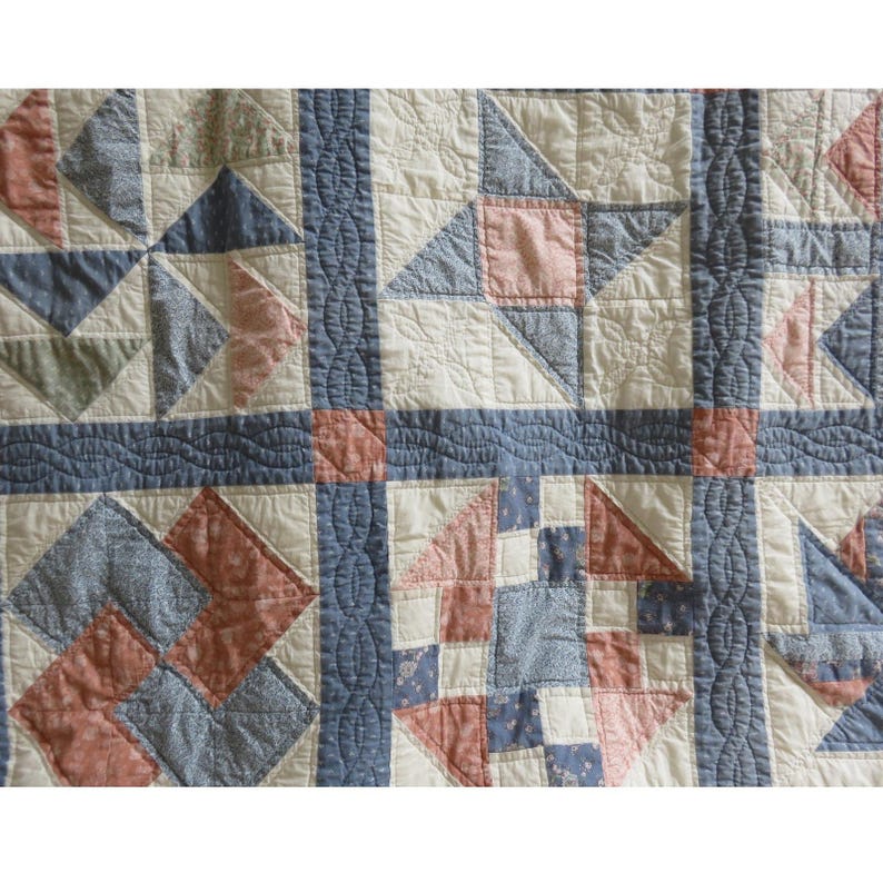 Vintage 1994 Handmade Patchwork Sampler Quilt Blue Pink Scalloped Edge ...