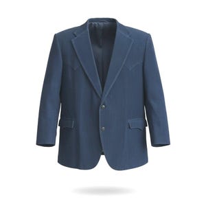 May include: A navy blue blazer with a two-button closure, notched lapels, and two front pockets. The blazer has a classic design with decorative stitching along the seams and lapels. The jacket is made of a textured fabric.