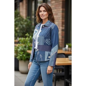 May include: A denim jacket with a patchwork design in various shades of blue. The jacket features white button closures and decorative stitching. The model is also wearing a white shirt and blue jeans.