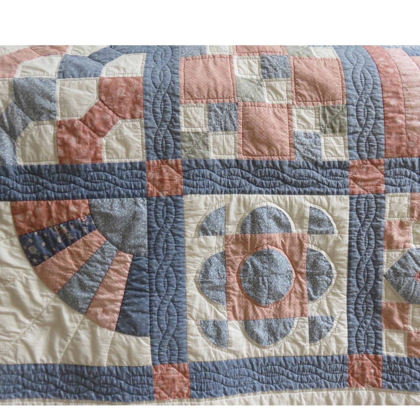 Vintage 1994 Handmade Patchwork Sampler Quilt Blue Pink Scalloped Edge ...
