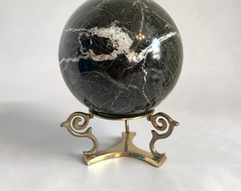 Vintage Large Black Marble Sphere + Scrolled Brass Tripod Stand Decorative Orb