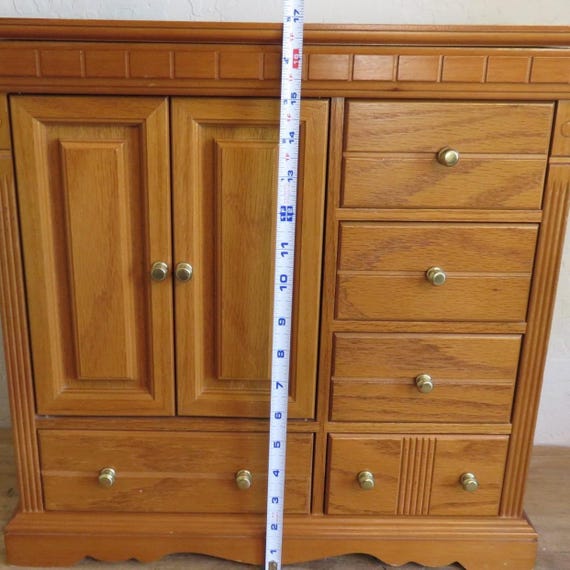 Vintage Oak Wood Jewelry Armoire Chest Tabletop Organizer Necklace Carousel 17in View 4
