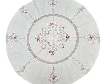 Vintage Round White Hand Embroidered Floral Crochet Lace Tablecloth 64in