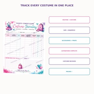 Könnte beinhalten: Ein Inventar-Tracker für Tanzkostüme mit Aquarellillustrationen eines Tutus, einer Kleiderhülle und Herzen. Das Dokument enthält Spalten für Routine, Kostümbeschreibung, Größe, Kopfschmuck, Zubehör, Änderungen sowie den Status der Kostümverpackung.