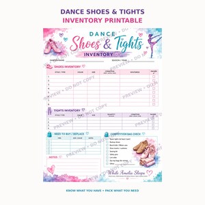 Könnte beinhalten: Ein druckbares Inventarblatt für Tanzschuhe und Strumpfhosen mit Aquarellakzenten in Pink und Blau. Das Dokument enthält Abschnitte zur Erfassung der Tanzausrüstung, eine Checkliste für die Wettkampftasche sowie Platz für Notizen und Illustrationen.