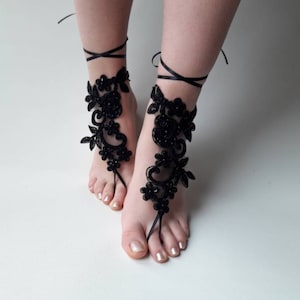 Black barefoot sandals, Bridal shoes, Lace sandals, Wedding anklet, Beach wedding barefoot sandals, Bridesmaid gift, Foot jewelry