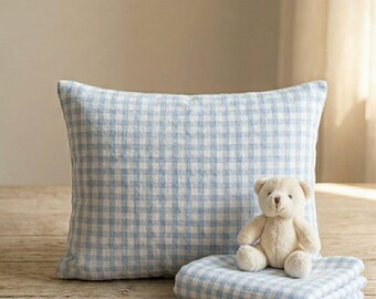 Blue Gingham Muslin Baby Set, Soft Cotton Blanket Pillowcase