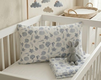 100% Cotton Muslin Baby Blanket Pillowcase Set, Soft Beach Shell Print