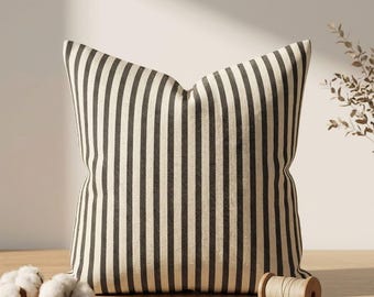Black Striped Linen Pillow Cover, Natural Linen Throw Pillow Cover