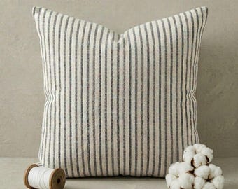Striped  Muslin Pillowcase, Navy Blue Striped Cotton Throw Pillow Cover