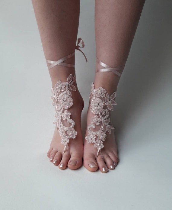 Blush barefoot sandals Bridal shoes Lace sandals Wedding | Etsy
