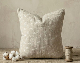 100% Cotton Muslin Pillow Cover, Beige Floral Muslin Pillowcase