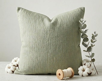 Soft Green Cotton Muslin Pillowcase, Cotton Throw Pillow Cover