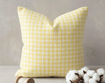 Yellow Gingham Cotton Muslin Pillowcase, Cotton Throw Pillow Cover
