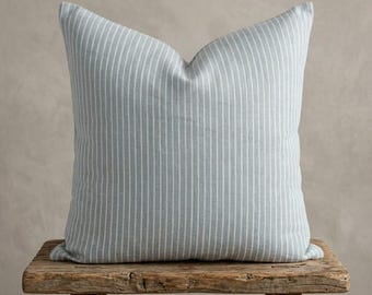Blue Striped Linen Pillowcase, 100% Linen Pillow Cover