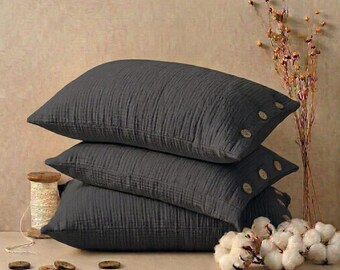 Anthracite Muslin Pillow Cover, Cotton Muslin Pillowcase