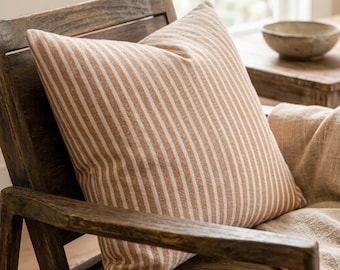 Cinnamon Striped Linen Pillowcase,  Linen Throw Pillow Cover