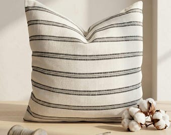 Striped Linen Pillow Cover, Farmhouse Cotton Blend Cushion, Hidden Zipper Home Decor