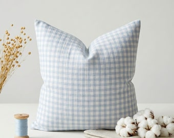 Blue Gingham Cotton Muslin Pillowcase, Cotton Throw Pillow Cover