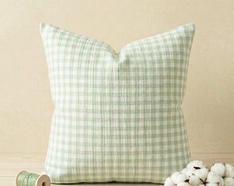 Green Gingham Cotton Muslin Pillowcase, Cotton Throw Pillow Cover