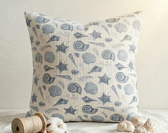 Blue Seashells Cotton Muslin Pillowcase, Cotton Throw Pillow Cover