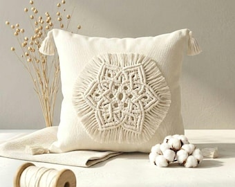 Ivory Cotton Macrame Pillow Cover, Hand-Embroidered Boho Cushion, 18x18 Inch