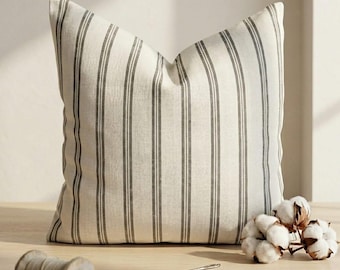 Striped Linen Pillow Cover, Farmhouse Cotton Blend Cushion, Hidden Zipper Home Decor