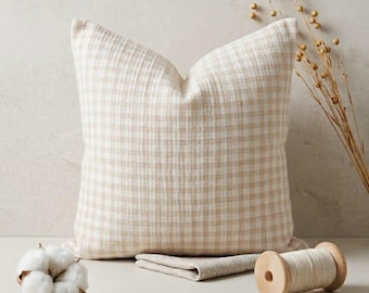 Beige Gingham Cotton Muslin Pillowcase, Farmhouse Cotton Throw Pillow Cover