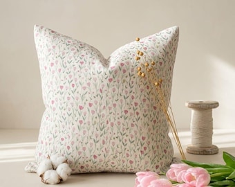 100% Cotton Muslin Pillow Cover, Tulip Floral Print, Hidden Zipper Home Decor