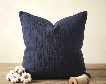 Kissenbezug aus 100 % Baumwollmusselin, marineblauer Baumwollkissenbezug