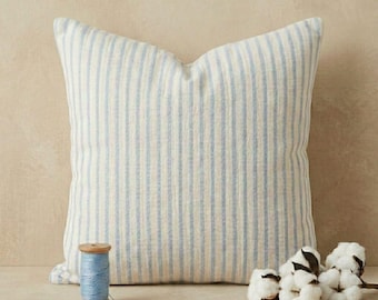 Blue Striped Cotton Muslin Pillowcase, Cotton Throw Pillow Cover