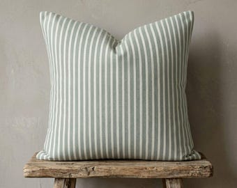 Green Striped Linen Pillowcase,  Linen Throw Pillow Cover