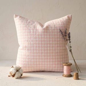 Taie d'oreiller en mousseline de coton vichy rose, housse de coussin en coton