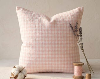 Pink Gingham Cotton Muslin Pillowcase, Cotton Throw Pillow Cover