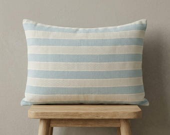 Blue Striped Linen Pillow Cover, Handmade 14x20 Lumbar Cushion