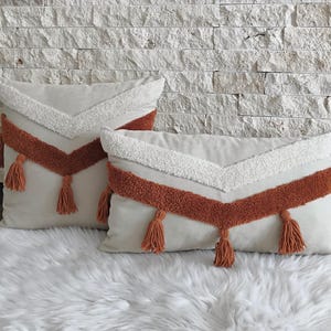 May include: Two decorative throw pillows with a white and orange chevron pattern and tassels. The pillows are made of a soft, plush fabric.
