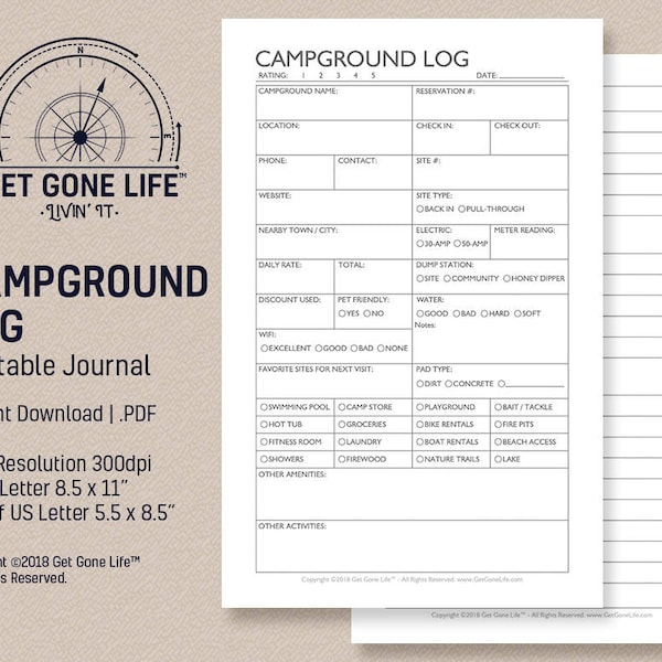 Printable Campground Journal, Camping Log, Camping Journal, Travel Journal | Get Gone Life RV, Motorhome