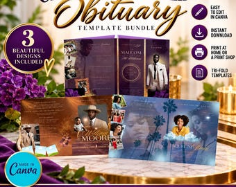 May include: A digital obituary template bundle featuring three tri-fold designs with purple and gold accents. The templates display placeholder photos of individuals, text fields for names like William Moore and Jaqueline, and sections for service details.