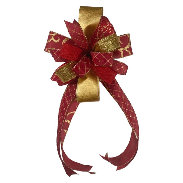 Maroon and Gold Christmas bow with tails, Christmas lantern Bow, Mailbox Bow, Wreath Bow, Light Pole Bow.