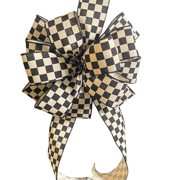 Black and Cream Checkered Wired Ribbon Bow, Farmhouse Wreath Bow, Lantern Decor.