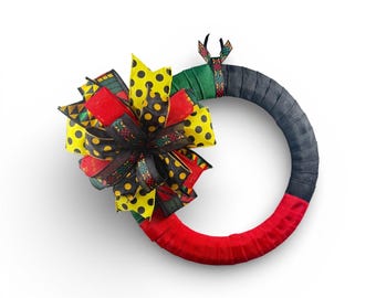 Black History Month Wreath: African Pride, Red Black Green Door Hanger.