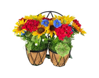 Sunflowers, Geraniums and Hydrangeas summer arrangement. Summer Decor, Porch Decor.