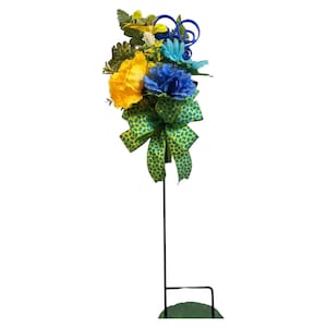 Bright Blues and Yellow Cemetery Gravesite Memorial Garden Stake for Dad, Memorial Floral Tribute with Bow,  Cemetery Grave  Flower.
